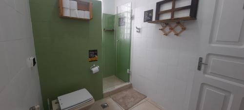 uma casa de banho verde com um chuveiro e um WC em Quintal da Bella Hostel em Santos