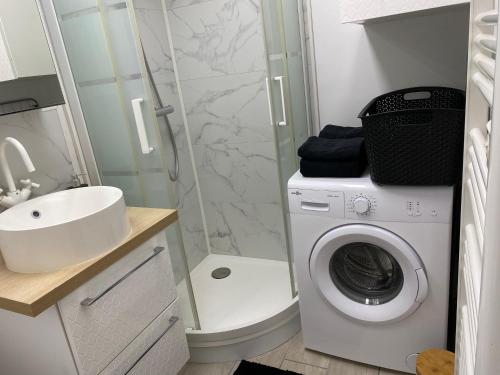 a bathroom with a washing machine and a sink at Le Bohème - Appartement proche gare et commerces in Gisors