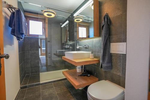 a bathroom with a sink and a shower and a toilet at Serenella Apartment in Riederalp