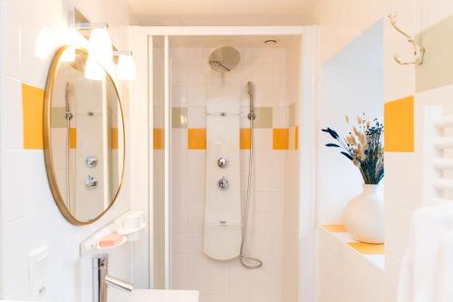 een badkamer met een douche, een wastafel en een spiegel bij MANOIR DU VAU D ARZ gîtes et chambres d hôtes avec piscine in Malansac