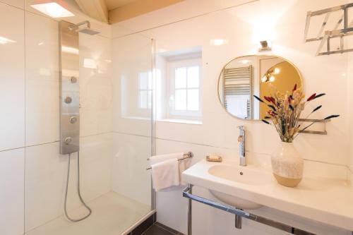 a bathroom with a shower and a sink and a mirror at MANOIR DU VAU D ARZ gîtes et chambres d hôtes avec piscine in Malansac