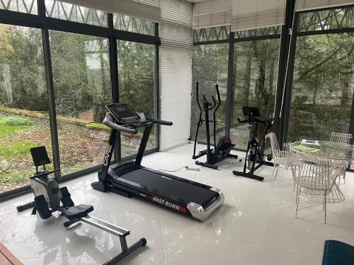 a gym with three exercise bikes and a treadmill at Domaine Spa Perret-3Ha-Château ArtDéco MasterSuite B&B ou Gîte de Charme-À3Mn Giverny-Jardins Monet-Le Vexin-Piscine Chauffée en Haute Saison-Aire Enfants-PingPong-Options Dîner-Billard-Massage-Yoga-Coaching-Fitness-Sauna-Hammam-Promo2Nuits Jacuzzi inclus in Sainte-Geneviève-lès-Gasny