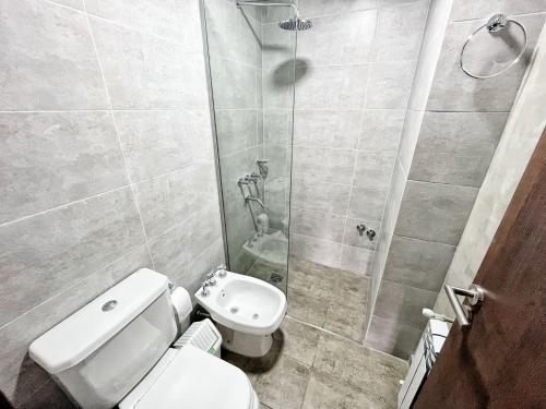 ヴィラ・カルロス・パスにあるDon Francisco Apartamentosのバスルーム(白いトイレ、シャワー付)