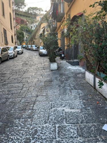 a cobblestone street in a city with cars parked at Petite Suite in Naples