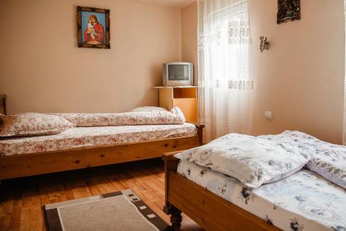 a room with two beds and a tv in it at Cabana Yvan in Gîrda de Sus