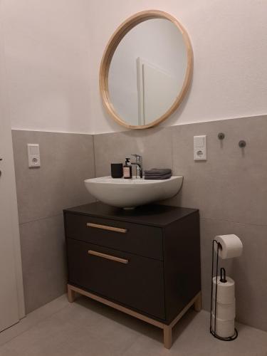 a bathroom with a sink and a mirror on the wall at Waldstadt-Apartments in Iserlohn
