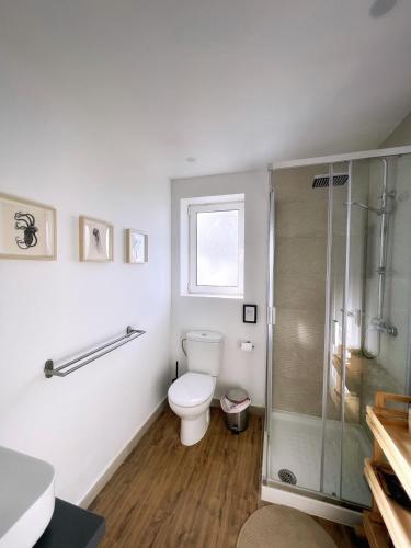 a bathroom with a toilet and a glass shower at Azur Arts Lanzarote Lofts in Tinajo