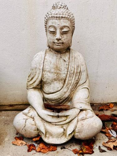 a statue sitting on the ground next to a wall at Dapps Hill Haven - between Bristol and Bath, both 9 mins by train! in Keynsham