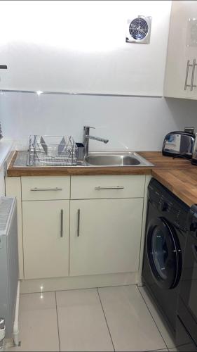 een keuken met een wastafel en een wasmachine bij City of London in Londen
