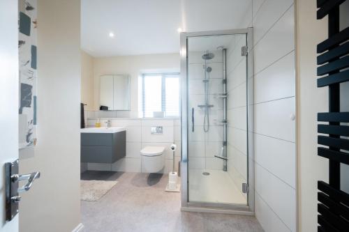 a bathroom with a toilet and a glass shower at Staithe View by Big Skies Cottages in Burnham Deepdale