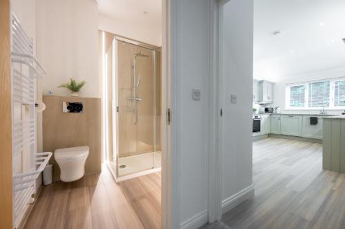 a bathroom with a shower and a toilet in it at The Lookout in Wells next the Sea