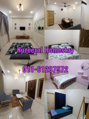een collage van foto's van een slaapkamer en een woonkamer bij NuReezal Homestay Seremban in Seremban