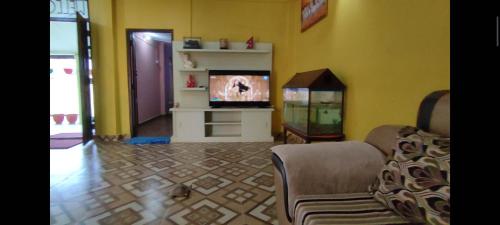 ein Wohnzimmer mit einem Sofa und einem TV in einem Zimmer in der Unterkunft Old House Villa in Sauraha