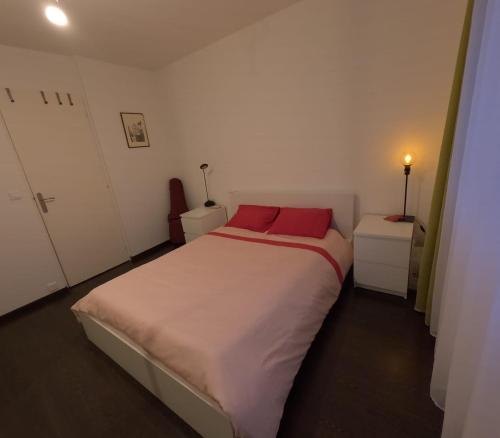 1 dormitorio con 1 cama blanca grande con almohadas rojas en Calme chambre Maya en Lyon