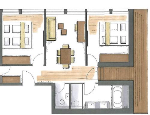 a drawing of a floor plan of a house at ALMMONTE PRÄCLARUM SUITES Design Hotel in Wagrain