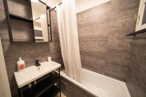 La salle de bains est pourvue d'un lavabo, d'une baignoire et d'une douche. dans l'établissement AppartUnique - Chez Klein, à Vichy