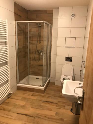 a bathroom with a shower and a sink and a toilet at Apartman Emma in Liptovský Ján
