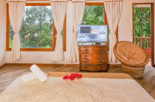 a bedroom with a bed with a television and a window at Casa de Campo Hotel & Spa in Villa de Leyva