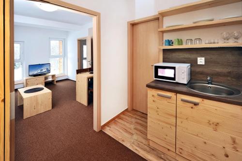 a kitchen with a sink and a microwave on a counter at Aparthotel Belveder in Tatranská Lomnica