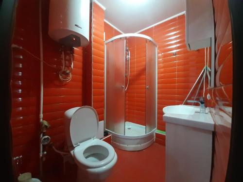ein rotes Bad mit einem WC und einer Dusche in der Unterkunft Heart Of City Center Flat in Chişinău