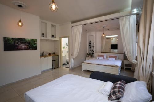 una camera d'albergo con due letti e una cucina di Villa Magnolia in Manot a Manot