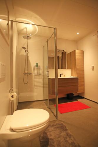 a bathroom with a toilet and a shower and a sink at Innsletta holiday home in Harstad