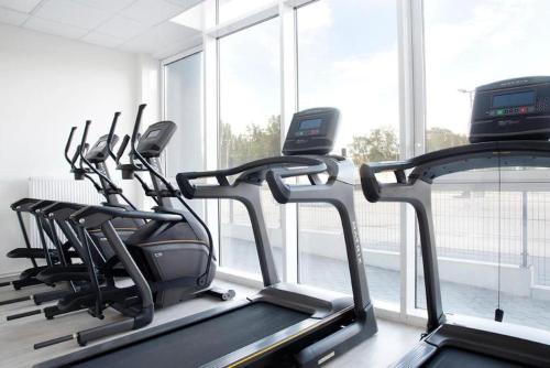 a row of treadmills in a gym with a window at « Le Val d AuRS »Calme et élégance in Strasbourg
