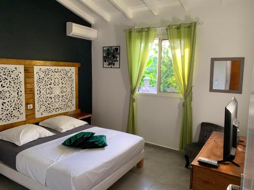 Schlafzimmer mit einem Bett, einem TV und einem Fenster in der Unterkunft chez SAM in Grand-Bourg