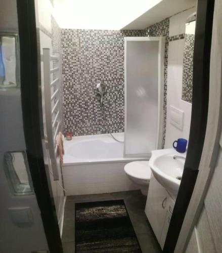 a bathroom with a tub and a toilet and a sink at Základna - Minibyt Zdíkov in Zdíkov