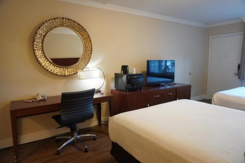 Habitación de hotel con cama, escritorio y espejo. en Rose Garden Inn en Santa Bárbara
