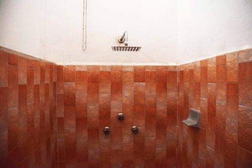 La salle de bains est pourvue d'une douche carrelée de marron avec un robinet. dans l'établissement Hostal Casa Bohemia, à Mérida