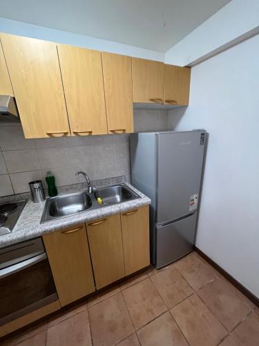 a kitchen with a sink and a refrigerator at Hermoso departamento en playa Frutillar Bajo in Frutillar