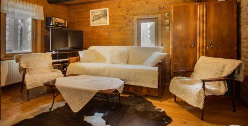 a living room with a bed and two chairs at Cabin In The Woods Vukelic in Stubicke Toplice