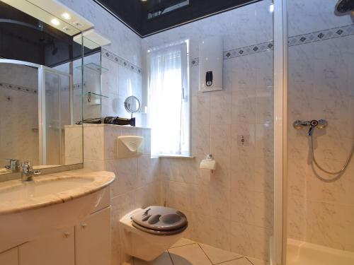 a bathroom with a shower and a toilet and a sink at Detached holiday home in Deifeld with balcony, covered terrace and garden in Medebach