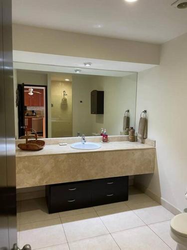 a bathroom with a sink and a large mirror at 8th Floor Villa Magna Condo in Nuevo Vallarta