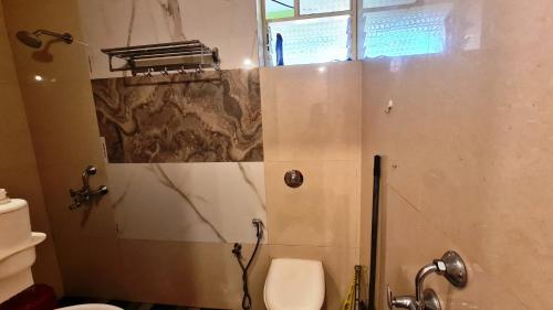 a bathroom with a shower and a toilet at Godwill Kimo Guest house Seraulim in Madgaon