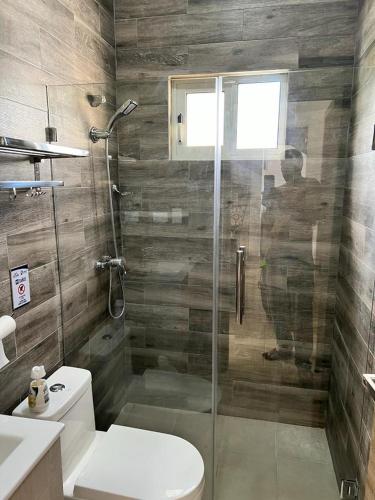 a bathroom with a toilet and a glass shower at Armonia De Las Terrenas Gorgeous Penthouse in Las Terrenas