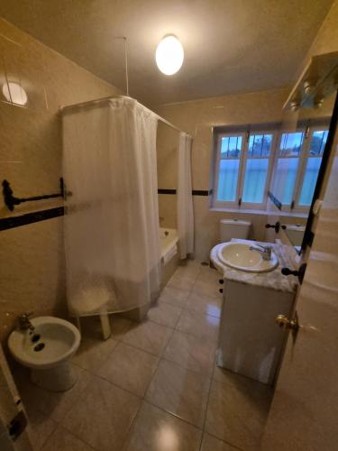 uma casa de banho com um lavatório, um chuveiro e um WC. em La Jomeruca ,espaciosa casa rural cerca de playa y montaña em Carranceja