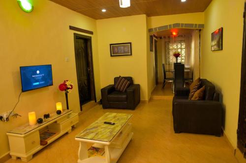a living room with two couches and a tv at Living Green APARTMENTS AIRPORT PICK UP in Benin City