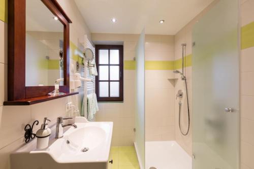 a bathroom with a sink and a shower at Vitusfort Doppelzimmer Dublin in Füssen