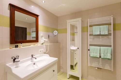 a bathroom with a sink and a mirror at Vitusfort Appartement "Irish Whisky Suite" in Füssen