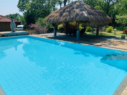 a large swimming pool with a thatch hut at Shangri-Lanka Village in Tissamaharama