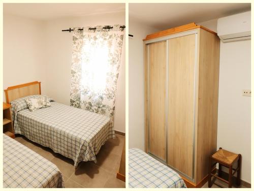 two pictures of a bedroom with a bed and a cabinet at Casa Rural Ardwina II in Alía