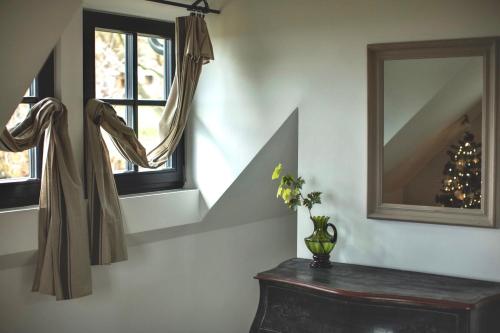 a room with a mirror and a christmas tree in a window at Nagykulcsos Nyúlontúl in Mencshely