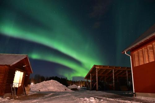 an aurora shines in the sky over a cabin at Charmig stuga på bondgård in Norrfjärden