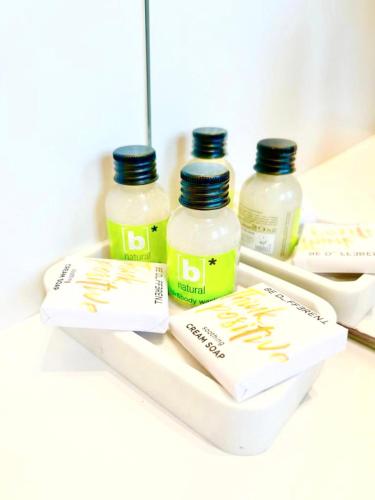 three bottles of liquid sitting on a shelf at L'atelier Chic - Wifi fibre - Parking privée - Balcon - NETFLIX in Lanester