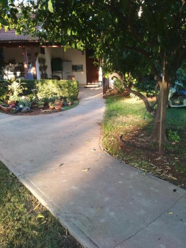 a sidewalk in front of a house with a tree at לטייל בחוץ להרגיש בבית in H̱efẕi Bah