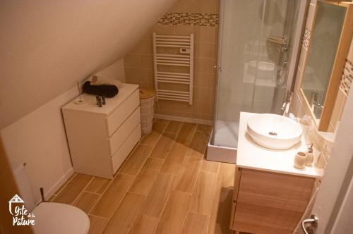 ein kleines Bad mit einem Waschbecken und einer Dusche in der Unterkunft Cottage normand chaleureux avec piscine 
