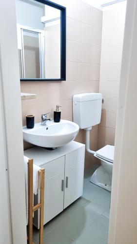 a bathroom with a sink and a toilet at Ecorooms Ferrara in Ferrara