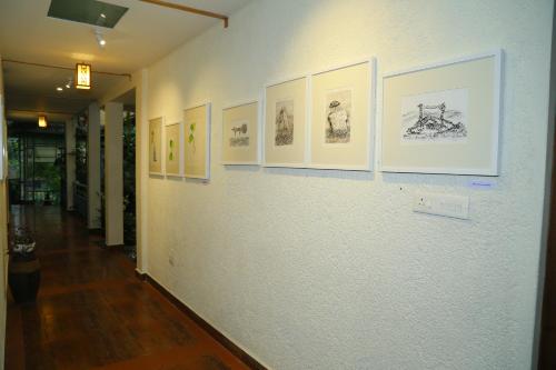 a hallway with pictures on the walls of a building at Mistletoe Homestay & Cafe in Munnar
